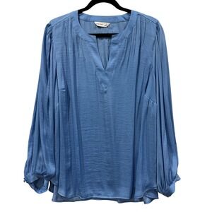 Nine West Blue V Neck Blouse Plus‎ Size 1X Long Sleeve Pleated Front